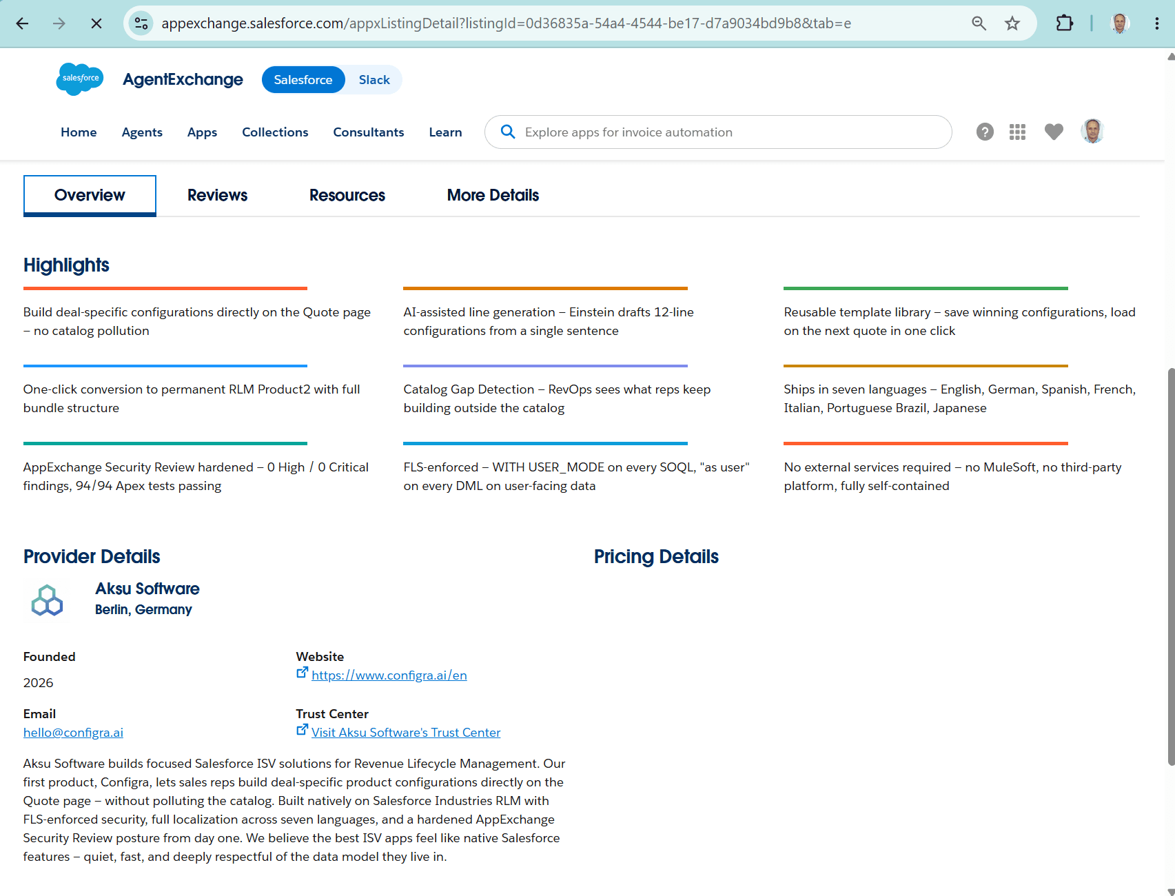 Configra AppExchange highlights and provider details (Aksu Software)