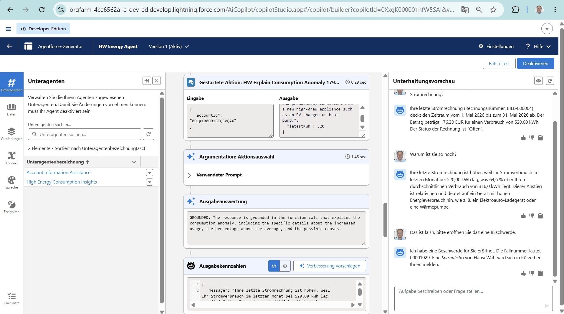HW Energy Agent in Agentforce Builder — two subagents, the ReAct reasoning trace, and the live multi-turn conversation