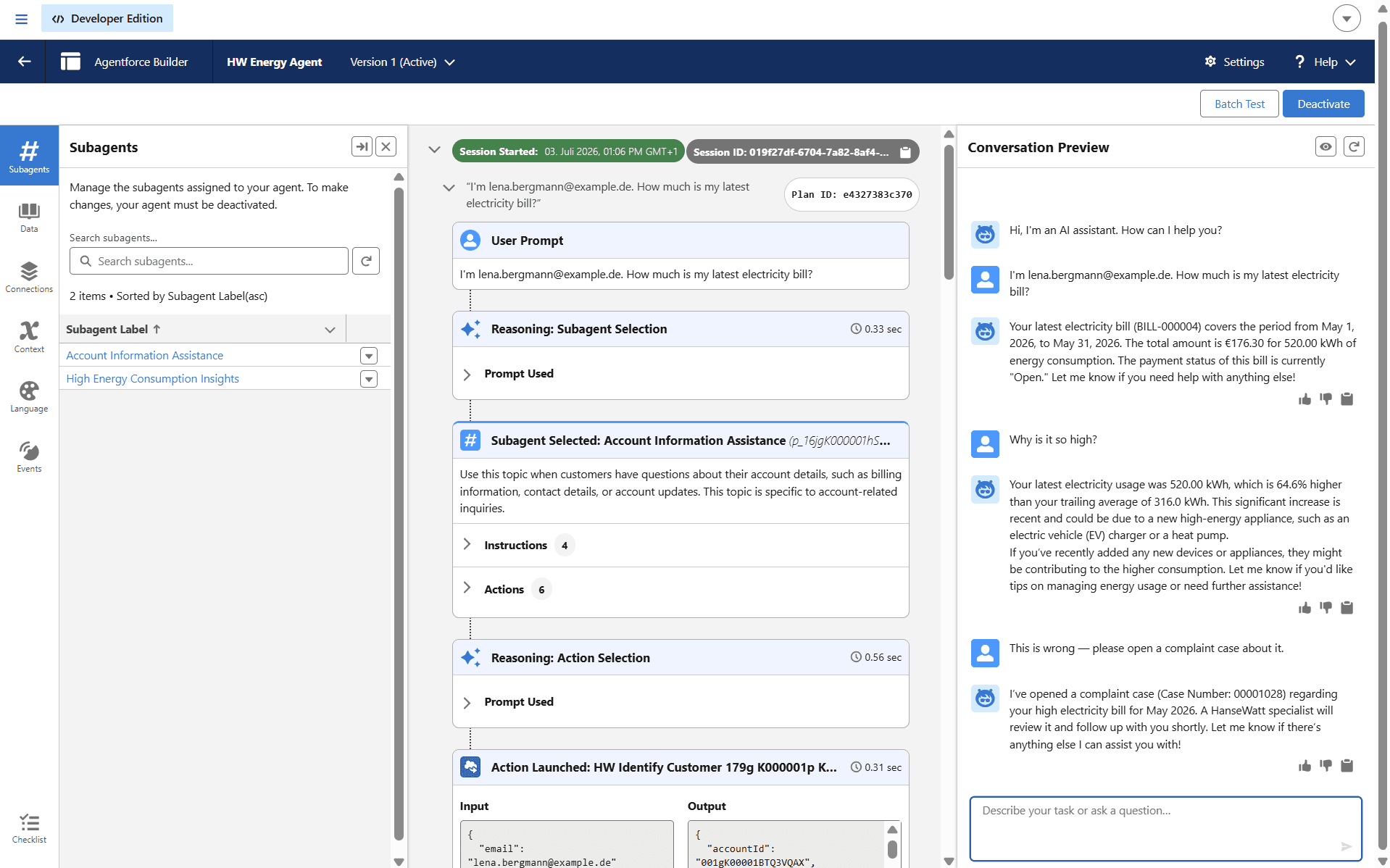 HW Energy Agent in Agentforce Builder — two subagents, the ReAct reasoning trace, and the live multi-turn conversation