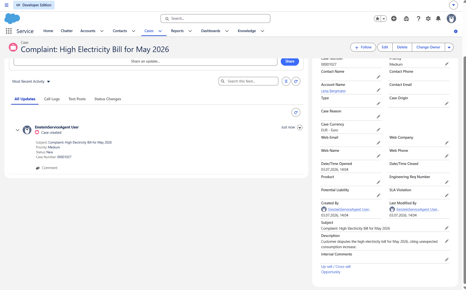 The Case the agent created in Salesforce — Created By EinsteinServiceAgent User, linked to Lena Bergmann