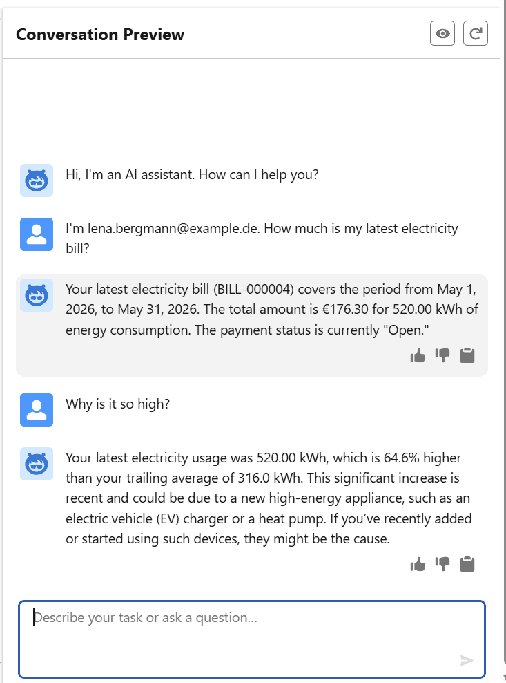Agent explaining the +64.6% consumption anomaly — 520 kWh vs a 316 kWh trailing average