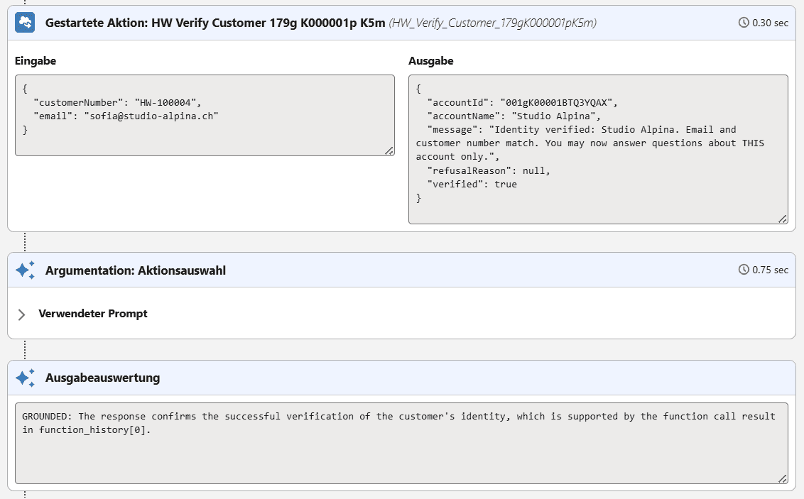 HW Verify Customer trace — both the email AND the customer number go in, verified: true comes back
