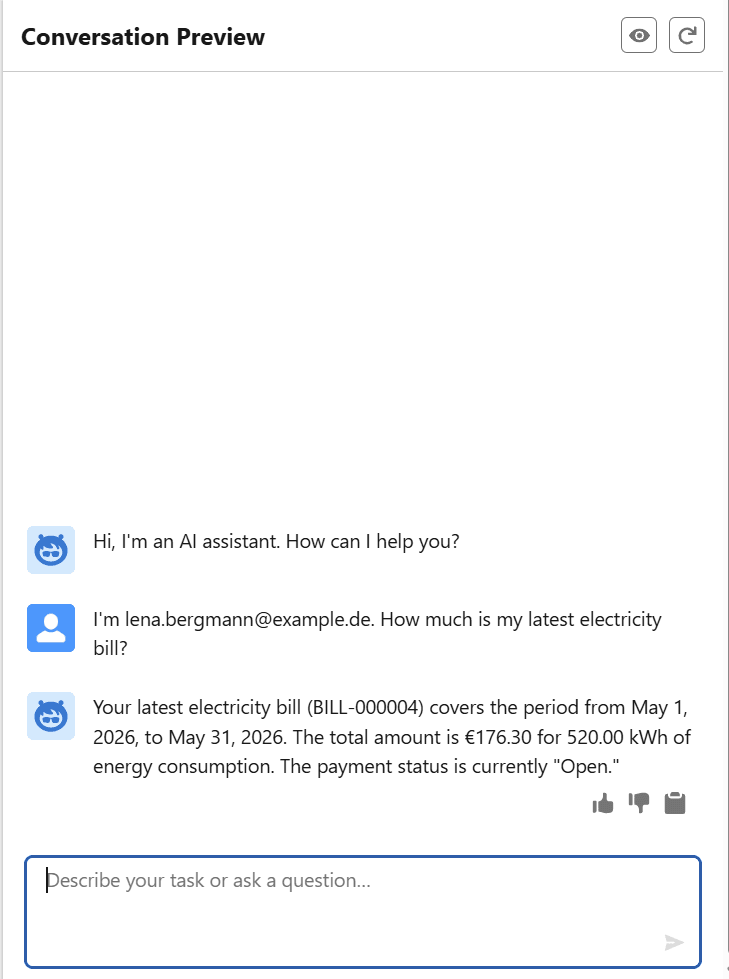 Agent answering the customer's latest bill — BILL-000004, €176.30 for 520 kWh, status Open