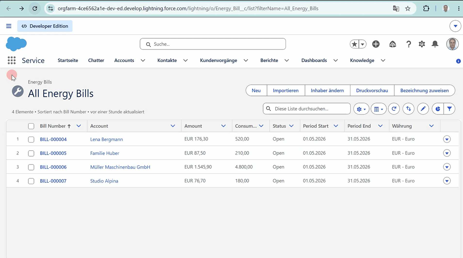 The Energy Bill records in Salesforce — BILL-000004 for Lena Bergmann, €176.30, 520 kWh, alongside the other DACH customers