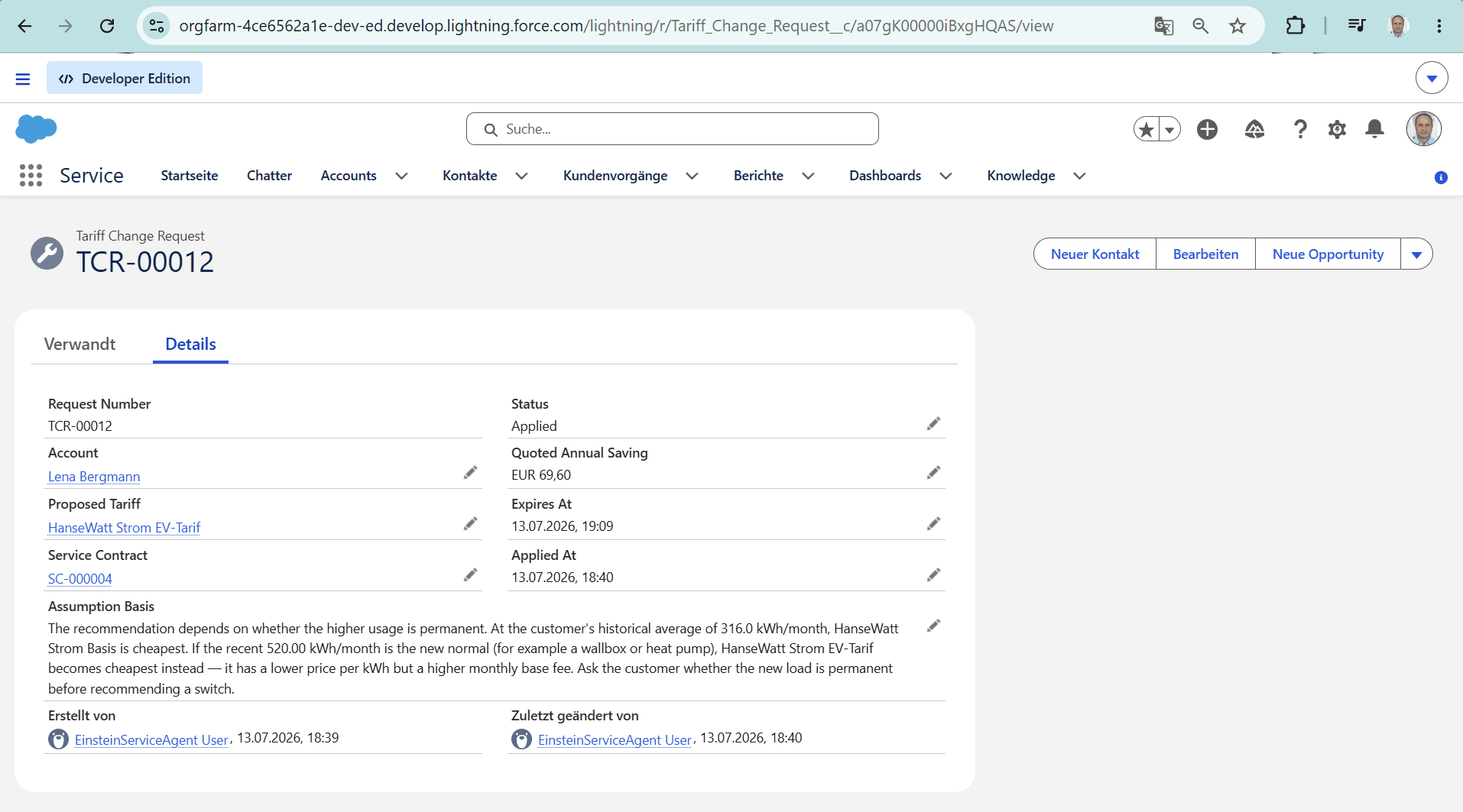 Tariff_Change_Request__c TCR-00012 — Applied, EUR 69.60, with the assumption the quote depends on