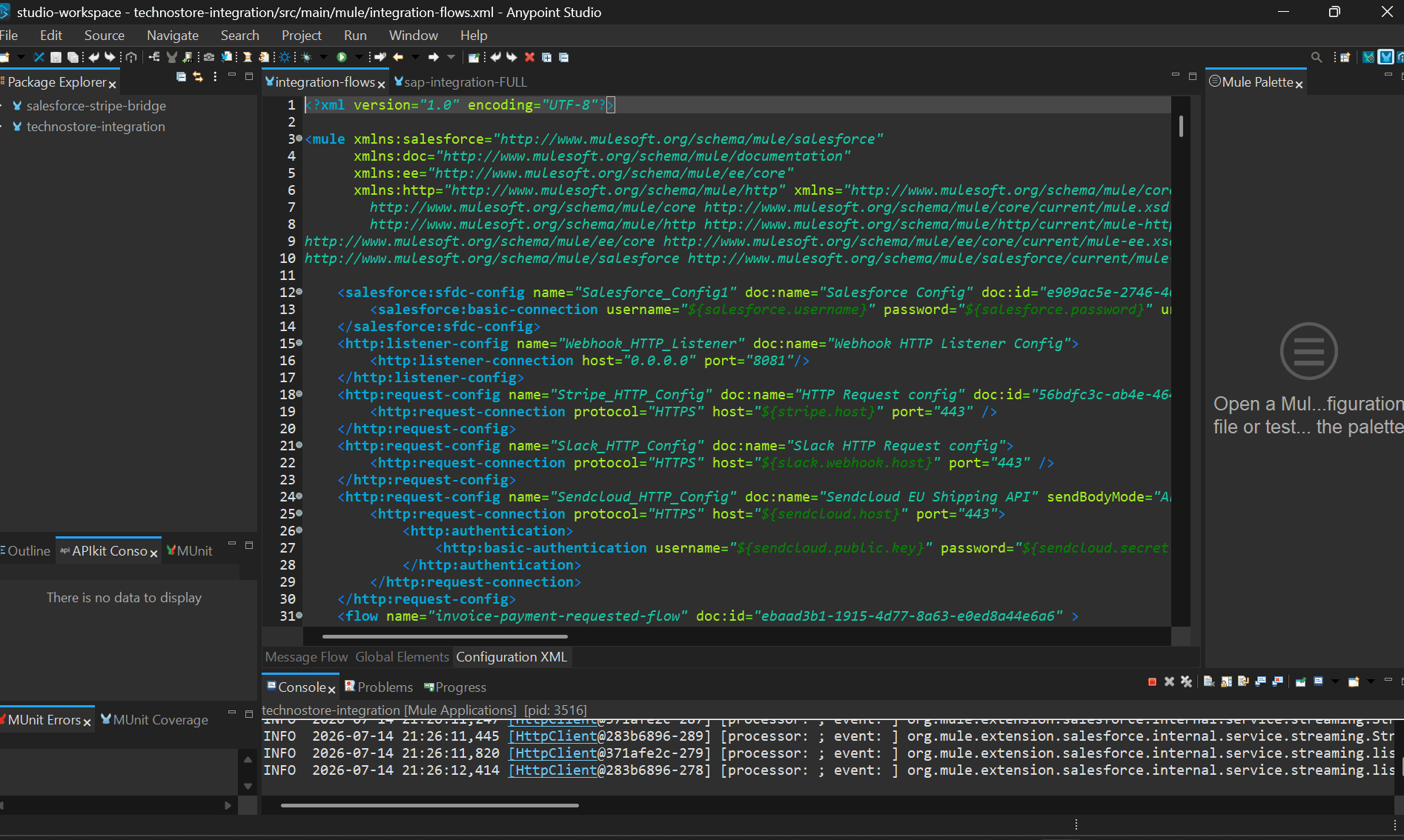 Anypoint Studio Configuration XML: Salesforce, HTTP listener, Stripe, Slack and Sendcloud configs — all credentials as property placeholders