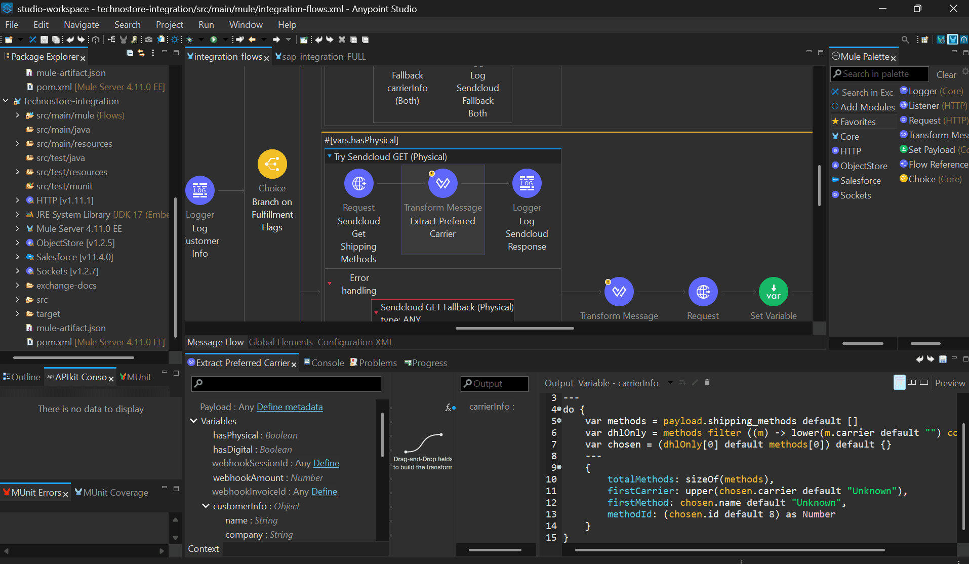 DataWeave: the Extract Preferred Carrier transform filters Sendcloud shipping methods for DHL and defaults every field