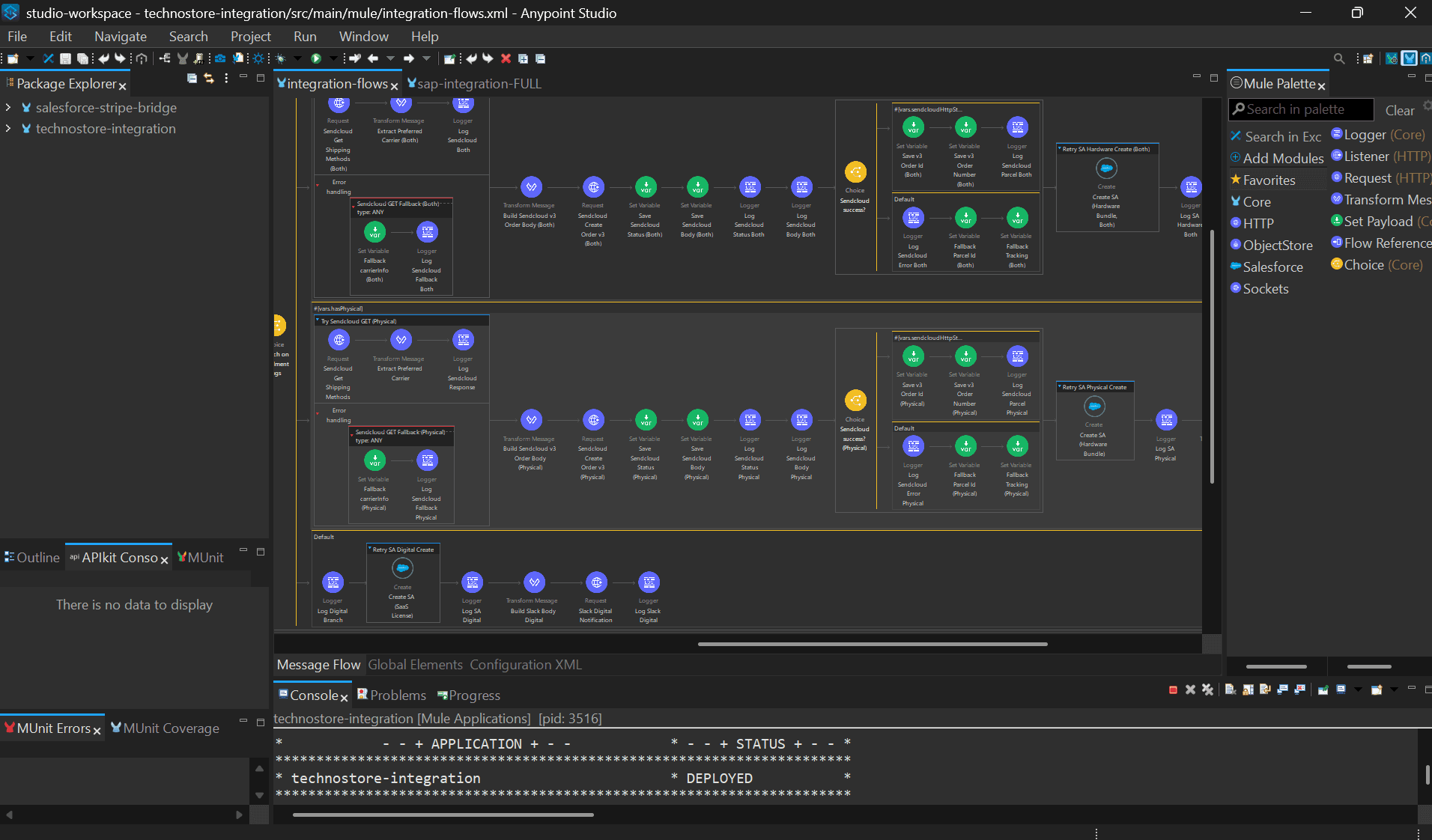 Anypoint Studio: the order fan-out — a Choice router branches on fulfillment flags, each branch wrapped in a Try scope with error handling, fallbacks and retry scopes