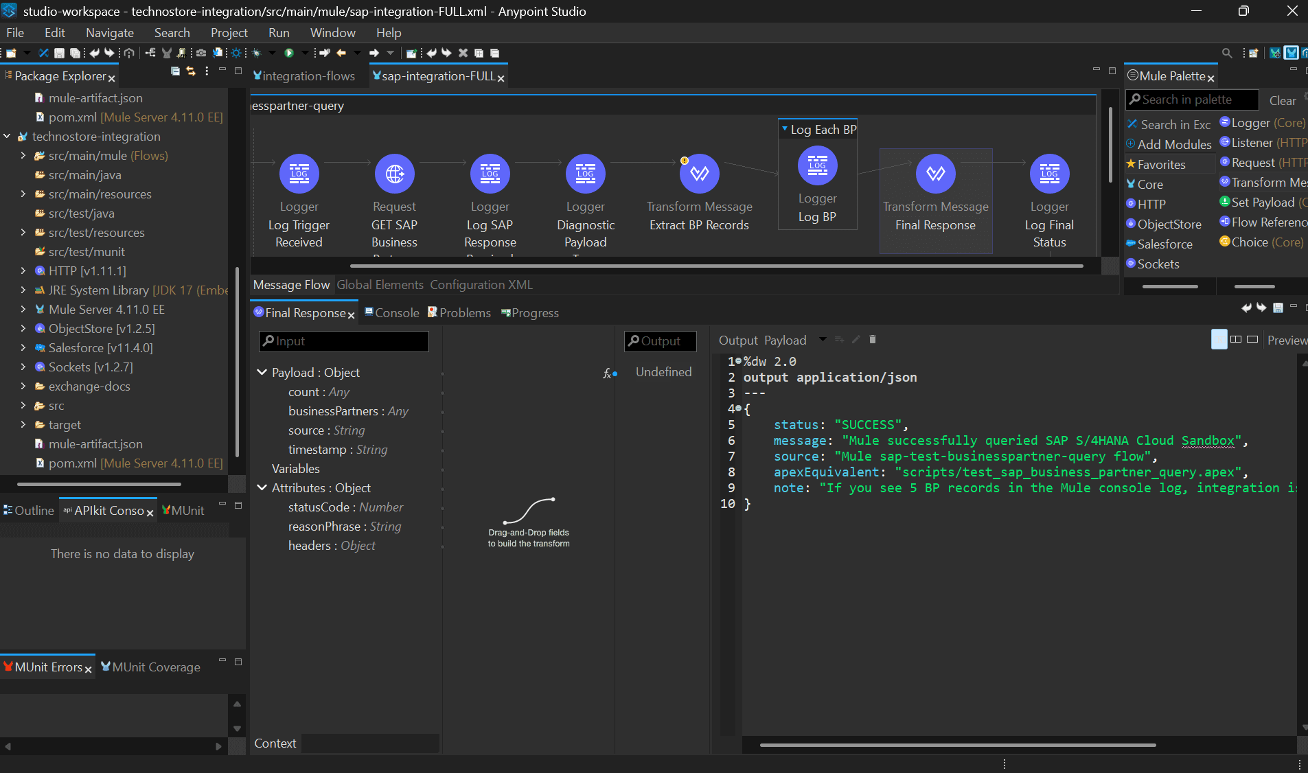 Anypoint Studio: the SAP S/4HANA Business Partner query flow with the DataWeave response transform