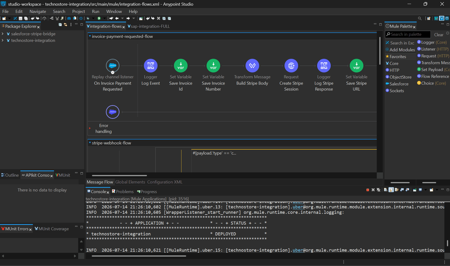 Anypoint Studio: the invoice-payment-requested flow — a Salesforce Platform Event triggers Mule, which builds the Stripe body and creates a Checkout session
