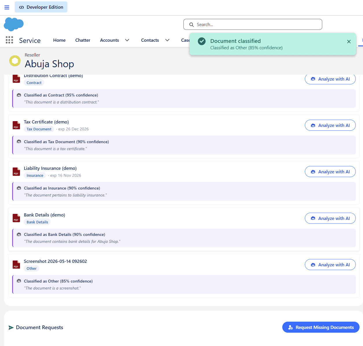 AI Document Classifier — Einstein classifying uploaded partner documents into categories with confidence scores
