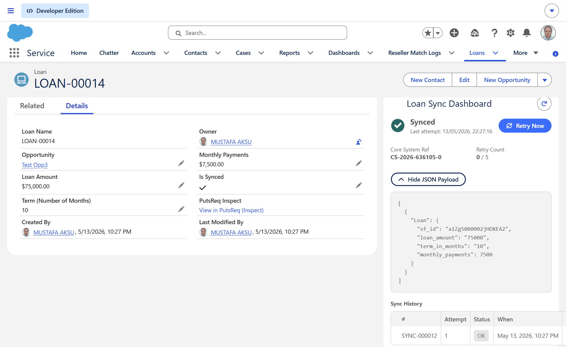 Loan Sync Dashboard — sync status, JSON payload and retry history