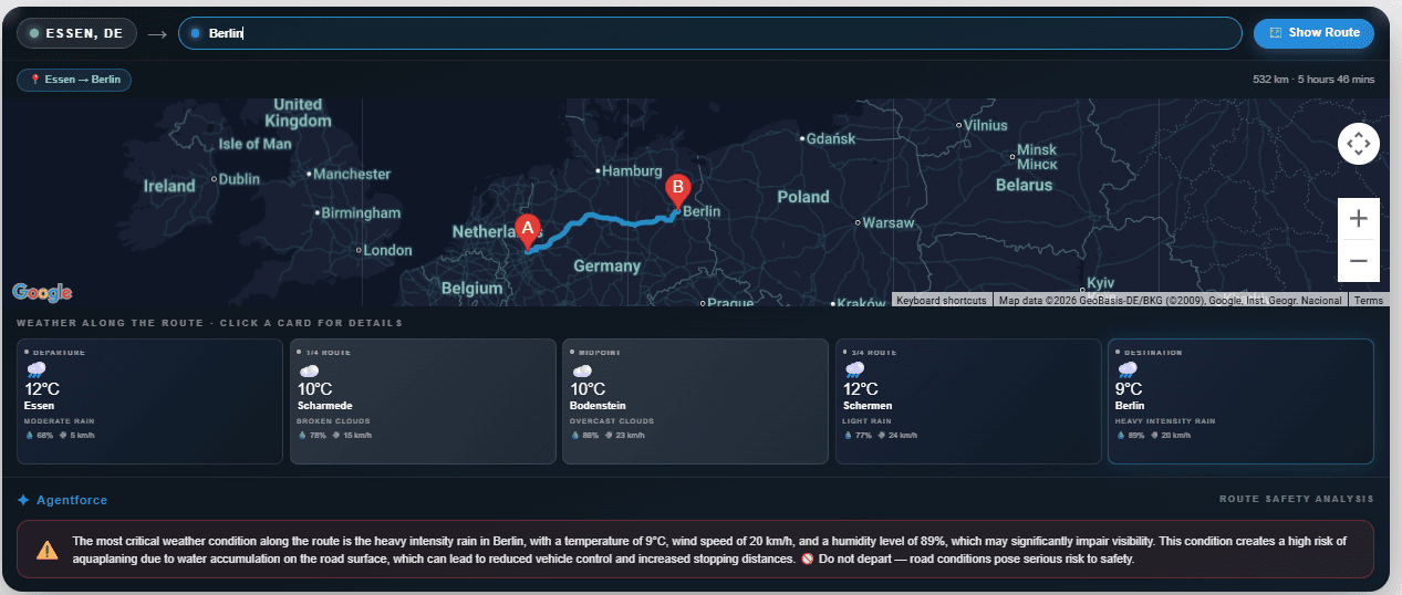 Route Safety LWC — Essen to Berlin route, 5-waypoint weather, Einstein AI safety verdict