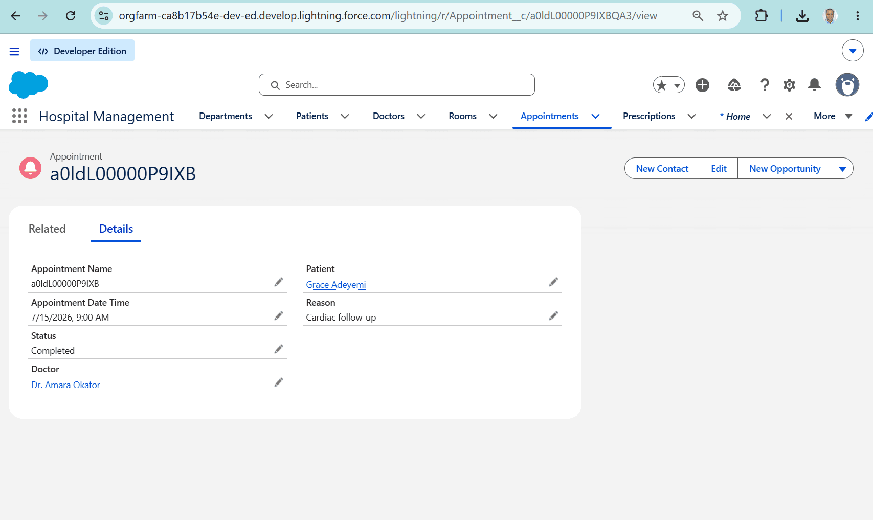 Hospital Management Lightning app: an Appointment record with Patient and Doctor lookups filled, all seven object tabs in the navigation