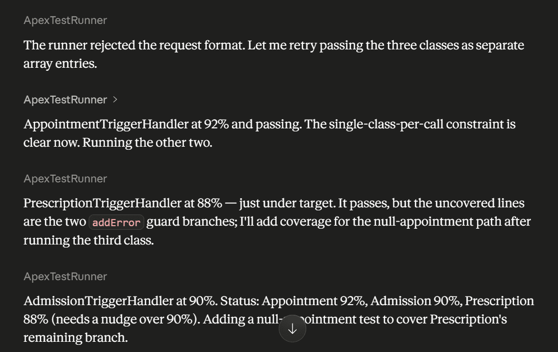 Claude conversation: ApexTestRunner reports PrescriptionTriggerHandler at 88% — under target — and the loop decides to add a test for the uncovered branch