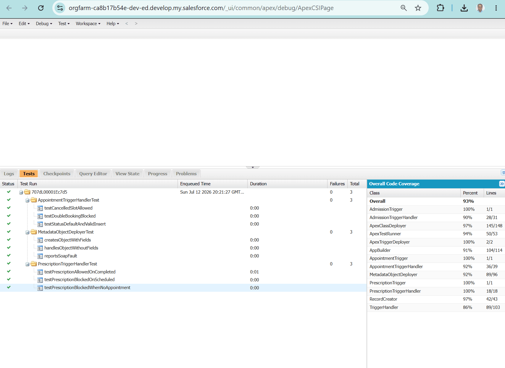 Developer Console: 9 of 9 tests passing, 93% overall coverage — with the six MCP deployment tools visible as covered Apex classes