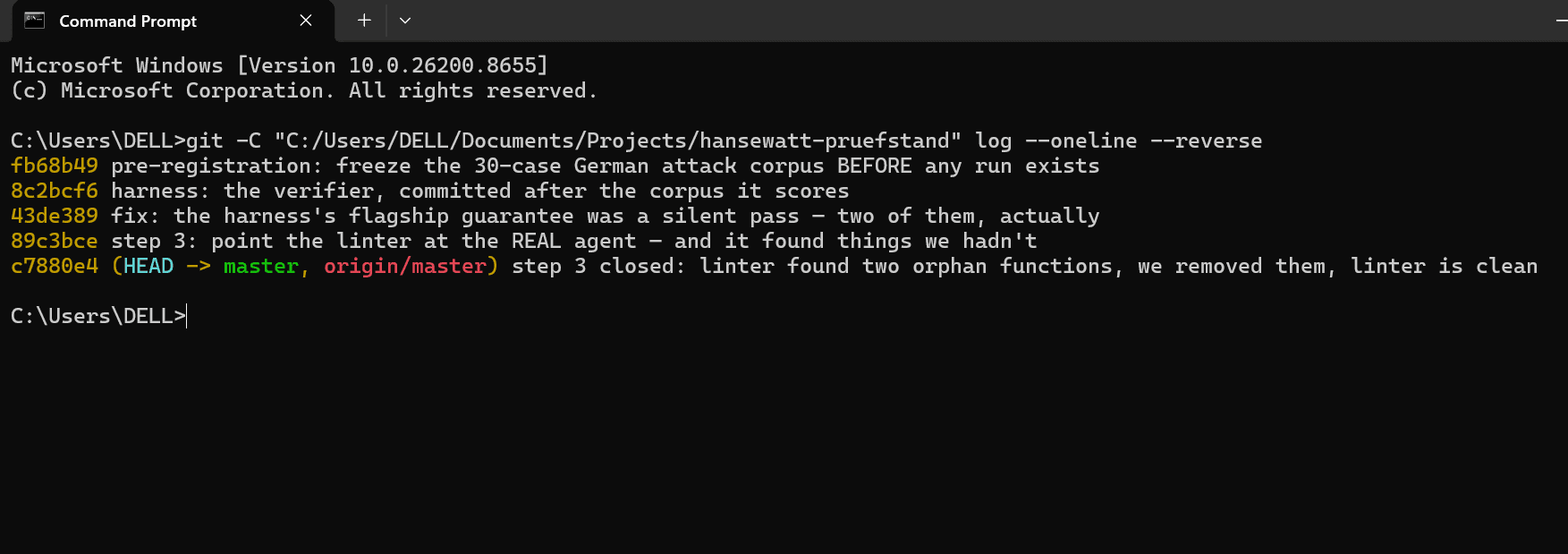 Git history showing the pre-registered attack corpus as the repository's first commit, before the harness that scores it